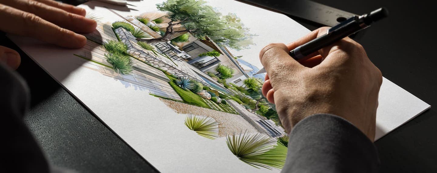 Croquis aquarellé d'un plan paysager dessiné à la main