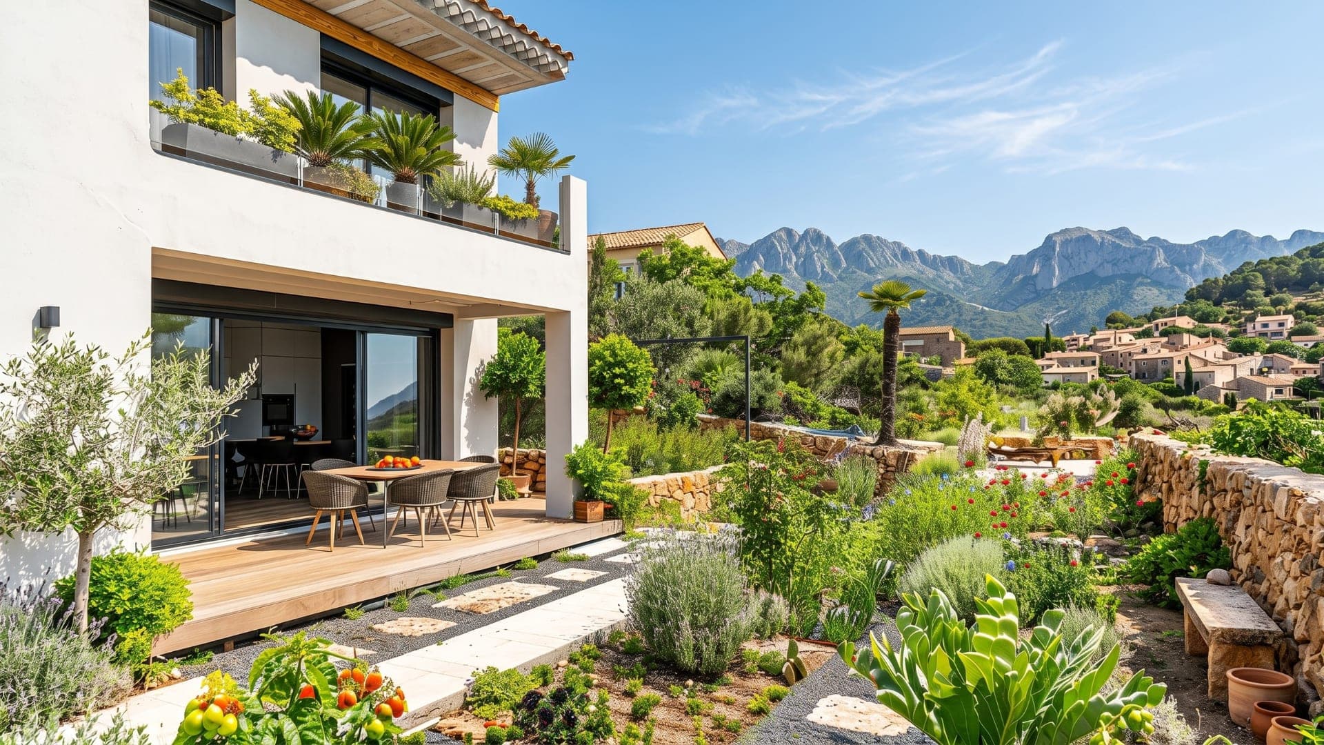 Terrasse en bois aménagée par Parcs & Jardins : table et fauteuils face au jardin méditerranéen et aux montagnes